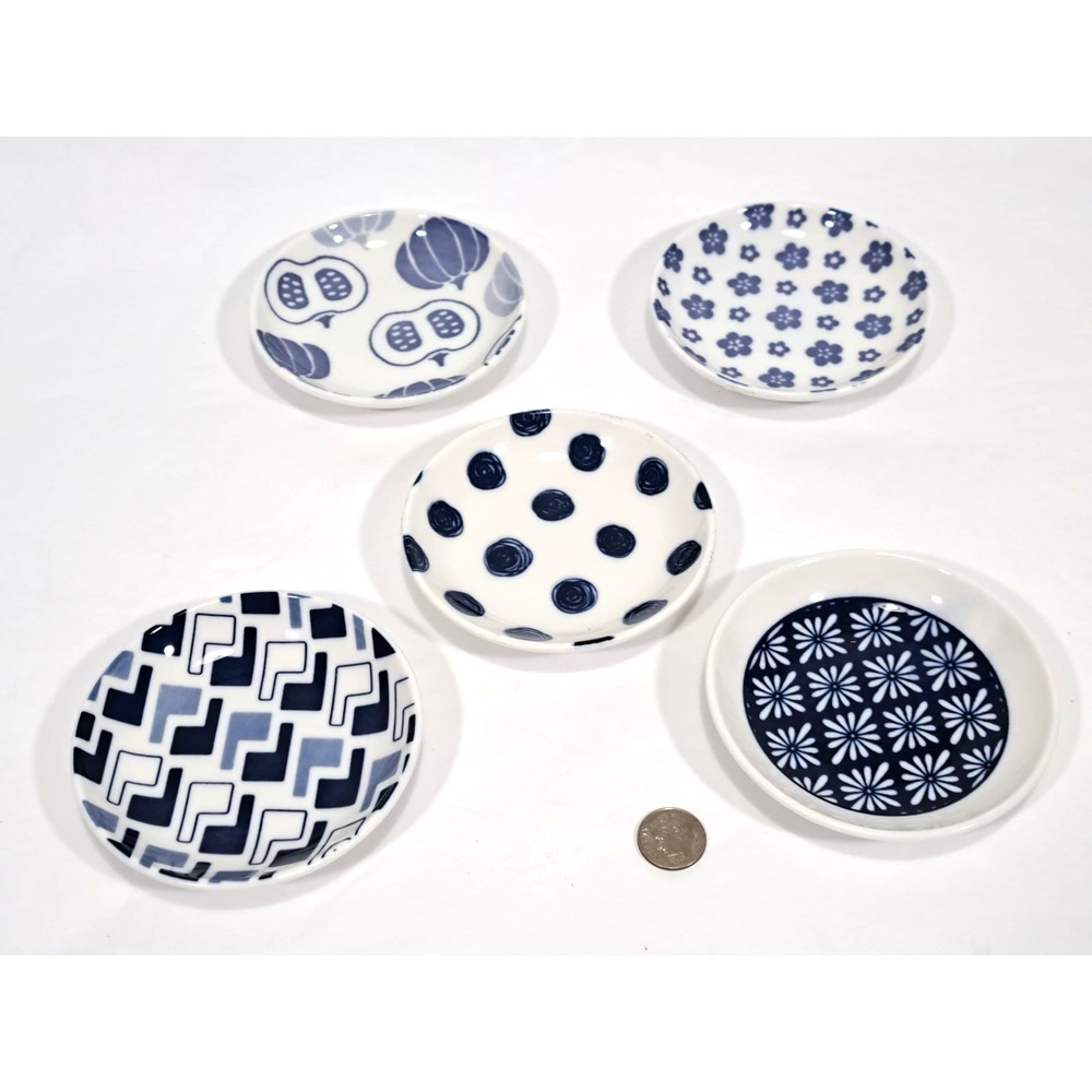 Japanese Style Blue White Ceramic Dipping Bowls Set of 5 Assorted Patterns 3.5in